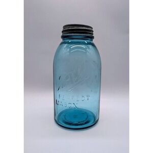 Vintage Antique Ball Perfect Mason Jar Blue Glass 1910-1923 Zinc Lid 2 Quart 10
